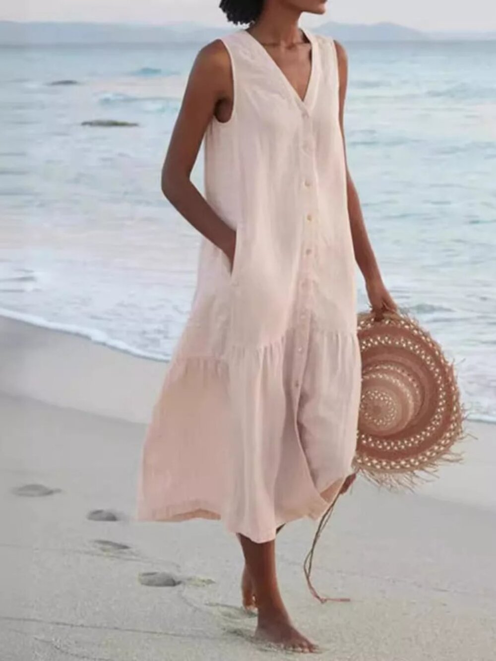 Full Size V-Neck Button Front Sleeveless Midi Dress Plus Size